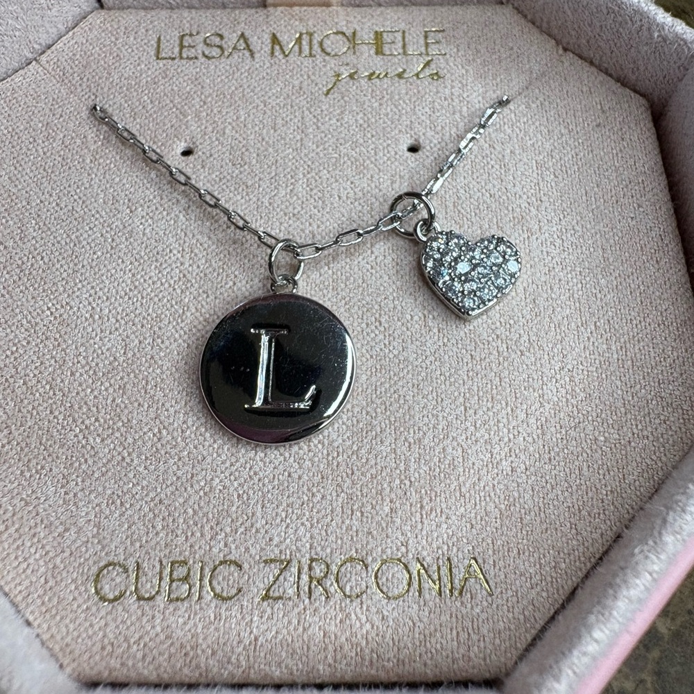 Lesa Michele NWT with gift box Silver Initial and Heart Necklace/ Cubic Zirconia